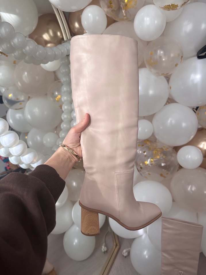Bej Deri Blok Topuklu Diz Boyu Kadın Çizme - Görsel 5