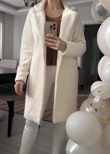 Beyaz Buklet Kadın Kaban - Görsel 4