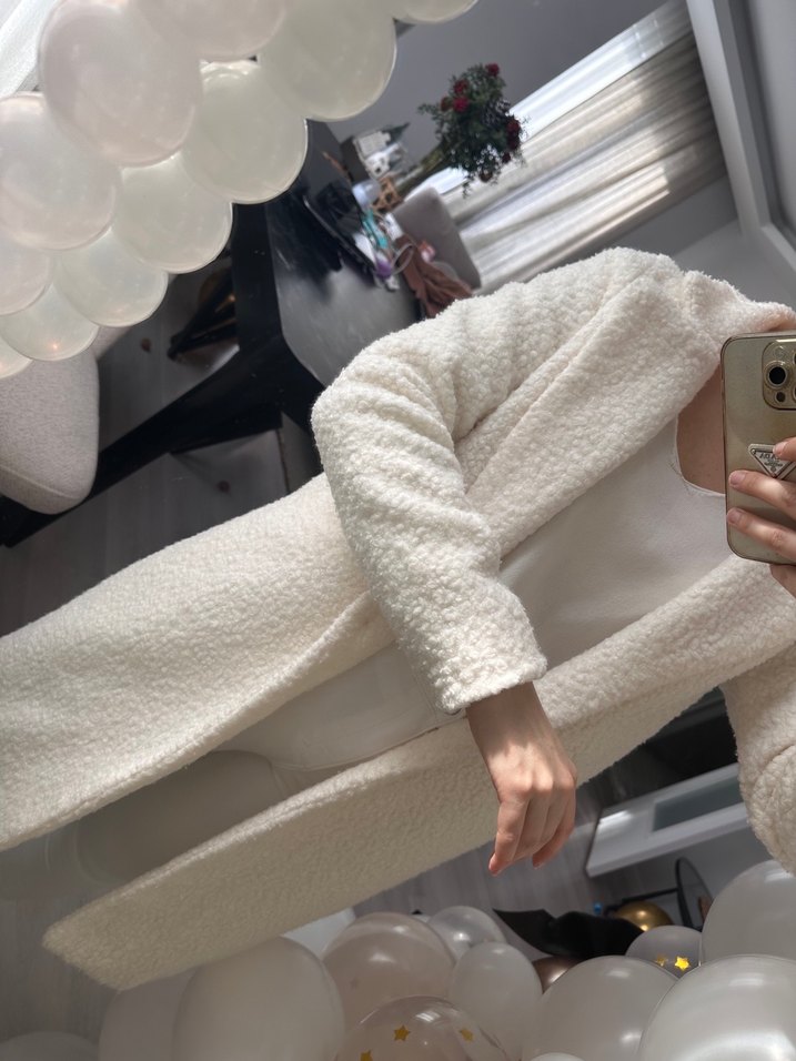 Beyaz Buklet Kadın Kaban - Görsel 5