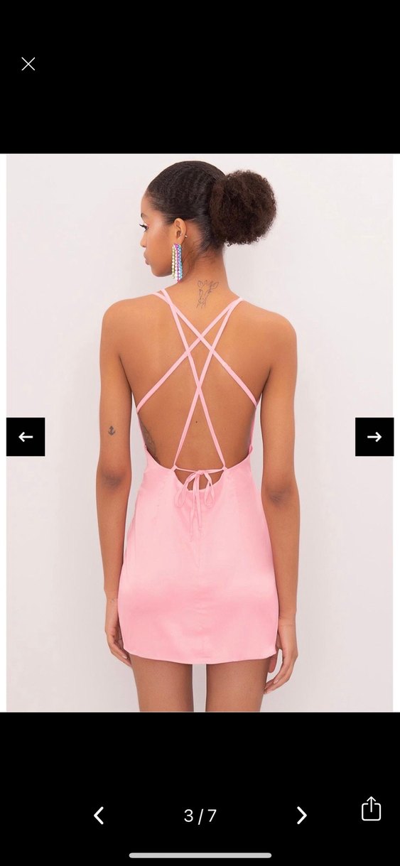 Pembe V Yakalı Mini Saten Elbise - Görsel 3