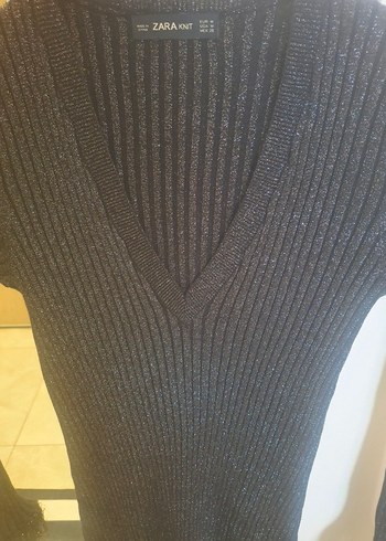 Zara Kürk Detaylı V Yaka Gri Triko Elbise - Görsel 2