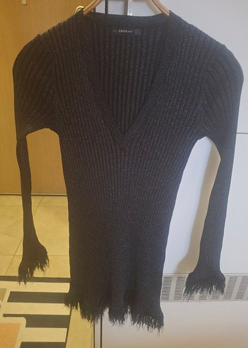 Zara Kürk Detaylı V Yaka Gri Triko Elbise - Görsel 3