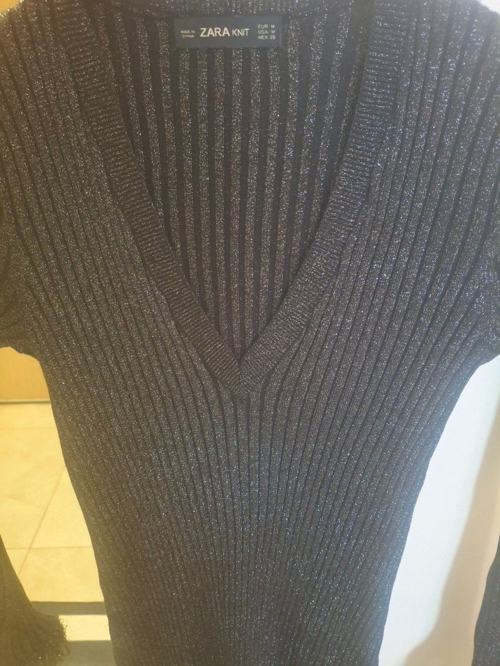 Zara Kürk Detaylı V Yaka Gri Triko Elbise - Görsel 2