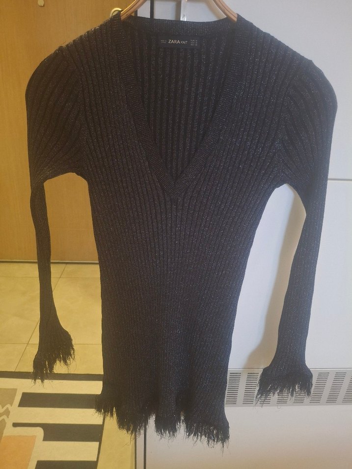 Zara Kürk Detaylı V Yaka Gri Triko Elbise - Görsel 3