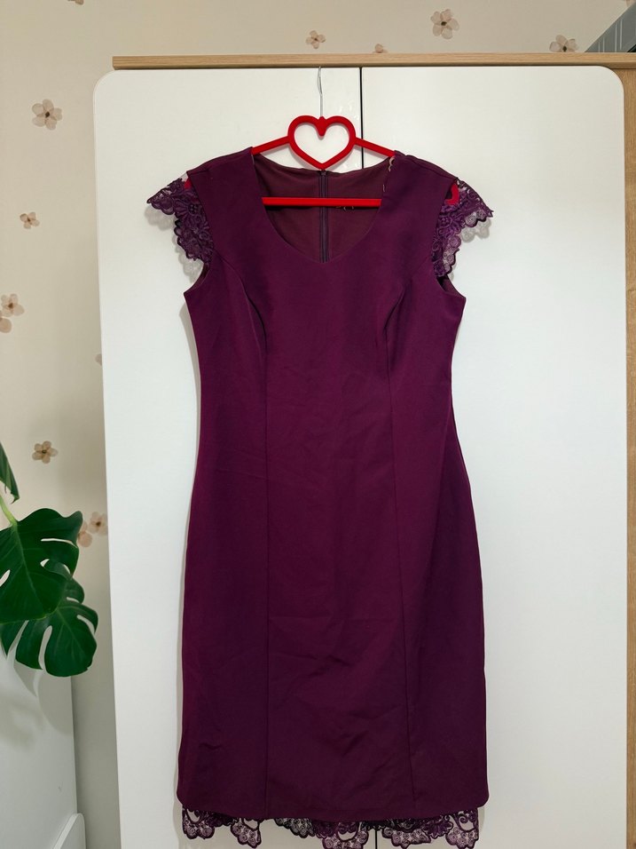 Bordo Dantelli Midi V Yaka Elbise - Görsel 3