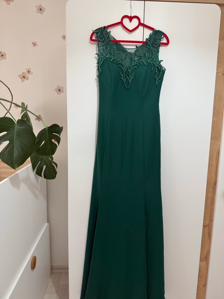 Yeşil Nakışlı Uzun Kadın Abiye Elbise - Görsel 2