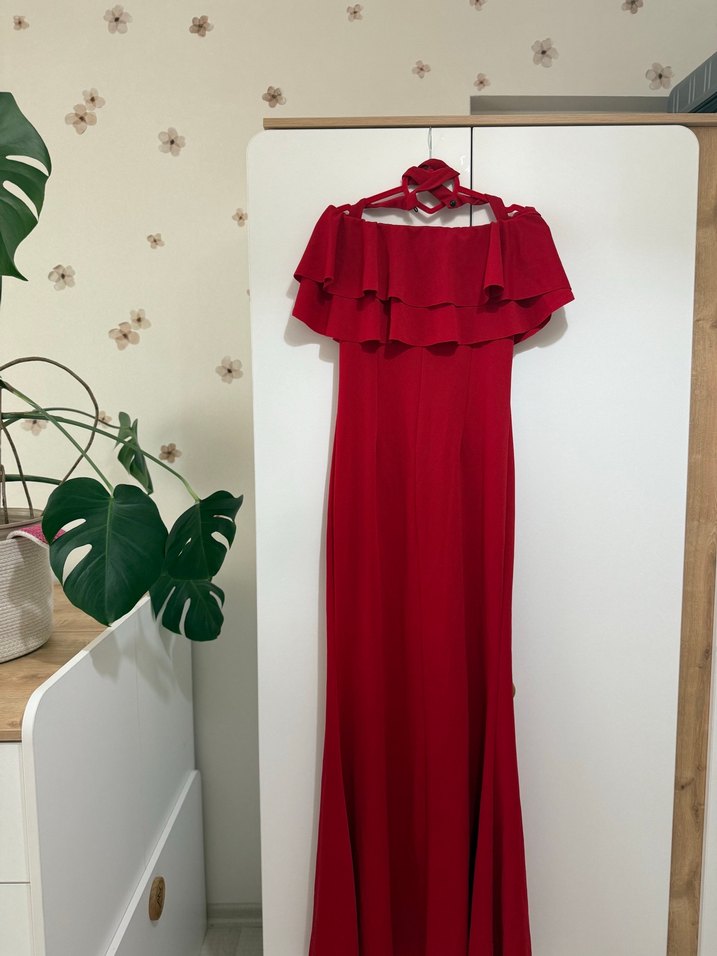 Kırmızı Uzun Straplez Fırfırlı Abiye Elbise - Görsel 3