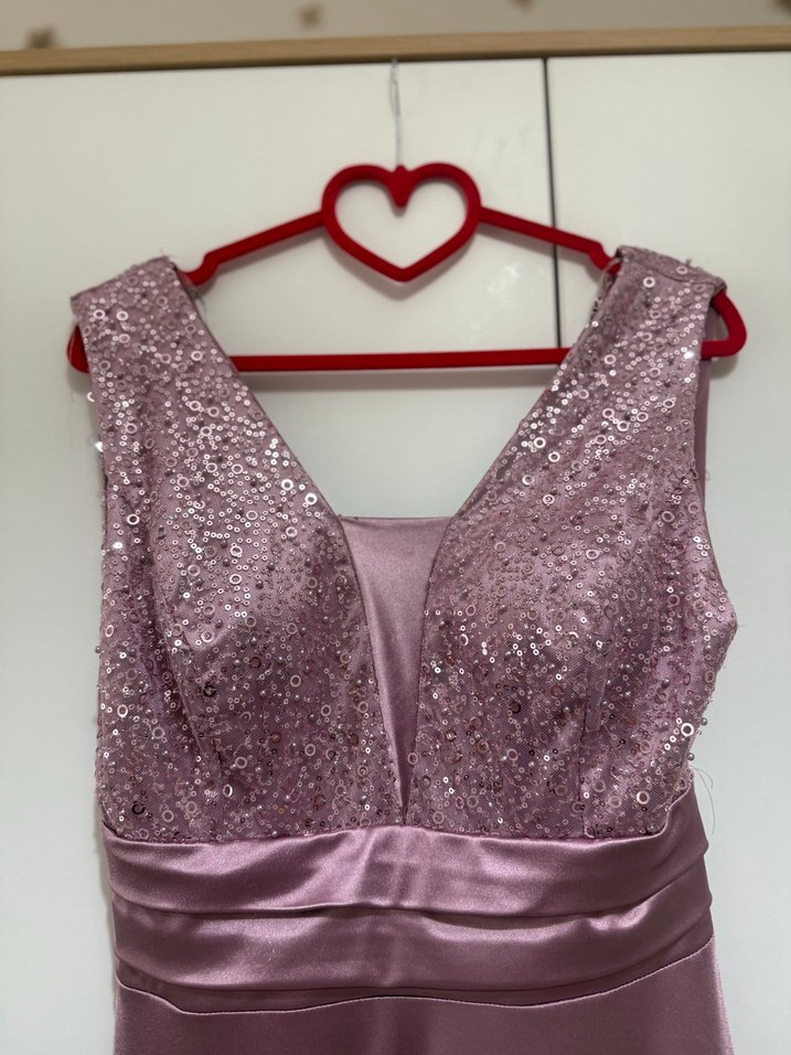 Pembe Uzun Abiye Elbise V Yakalı Drapeli - Görsel 2