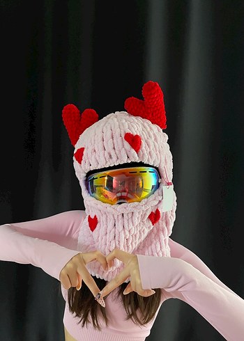 Renkli Kalp Desenli Örgü Kadın Bere balaklava - Görsel 2