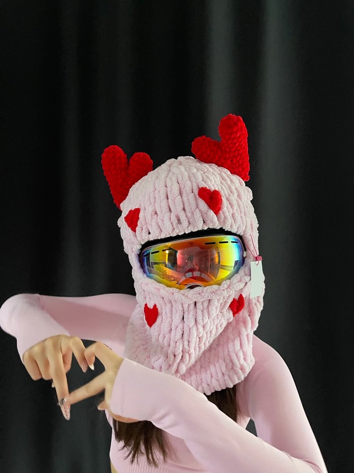 Renkli Kalp Desenli Örgü Kadın Bere balaklava - Görsel 3