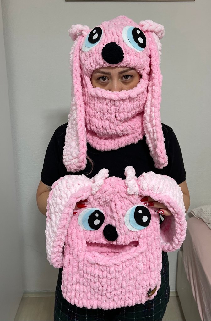 Pembe Örgü Kadın Bere Maskesi - Görsel 3