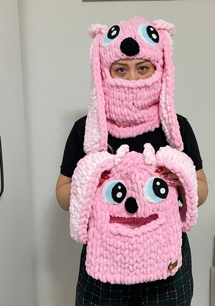 Pembe Örgü Kadın Bere Maskesi - Görsel 2