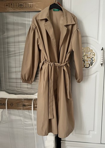 Bej Kemerli Uzun Kadın Trençkot - Görsel 3