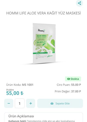 Homm Life Aloe Vera Kağıt Yüz Maskesi