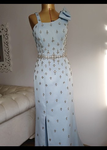 Mavi Uzun Abiye Elbise Taş İşlemeli - Görsel 3