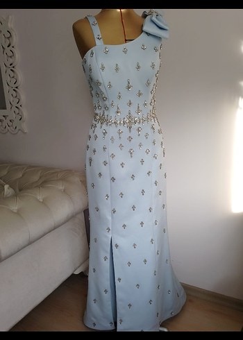 Mavi Uzun Abiye Elbise Taş İşlemeli - Görsel 7