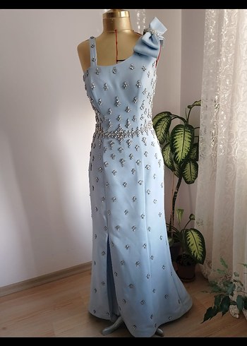 Mavi Uzun Abiye Elbise Taş İşlemeli - Görsel 5