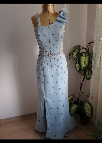 Mavi Uzun Abiye Elbise Taş İşlemeli - Görsel 6