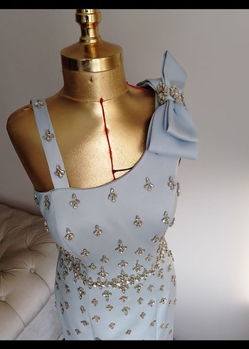 Mavi Uzun Abiye Elbise Taş İşlemeli - Görsel 2