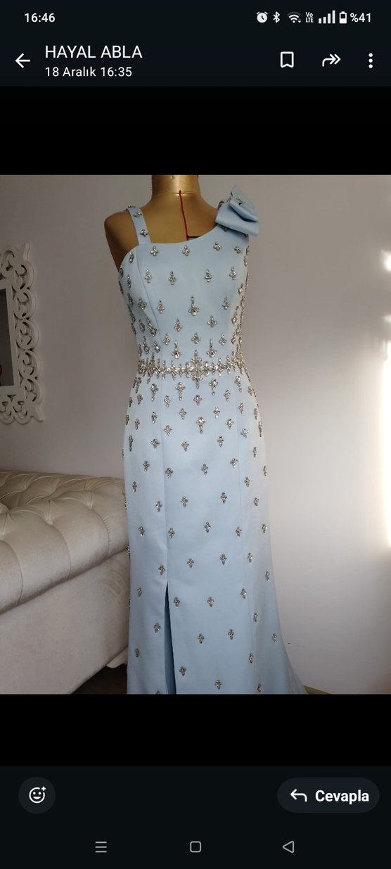Mavi Uzun Abiye Elbise Taş İşlemeli - Görsel 3