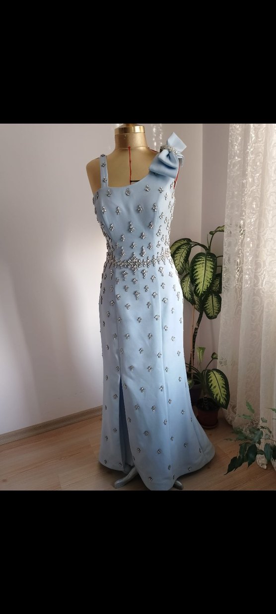 Mavi Uzun Abiye Elbise Taş İşlemeli - Görsel 5