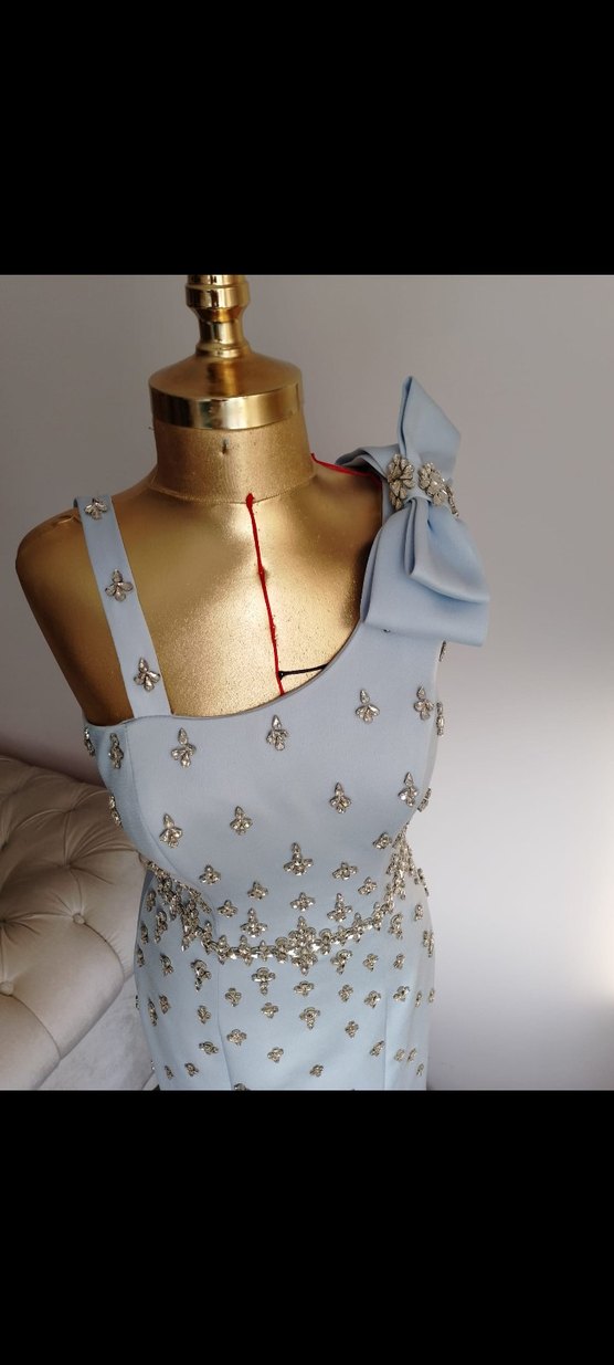 Mavi Uzun Abiye Elbise Taş İşlemeli - Görsel 2