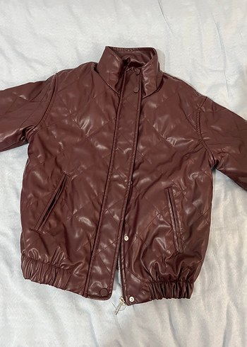 xs Beden Düğmeli fermuarlı bordo Deri Kadın Ceket