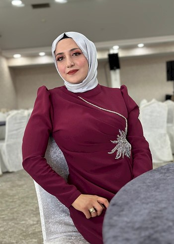 38 Beden bordo Renk mürdüm Drapeli Uzun Tesettür Nişan Elbisesi