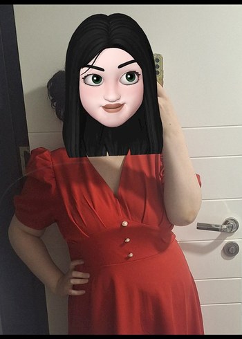 Kırmızı V Yaka Midi Ofis Elbisesi - Görsel 3