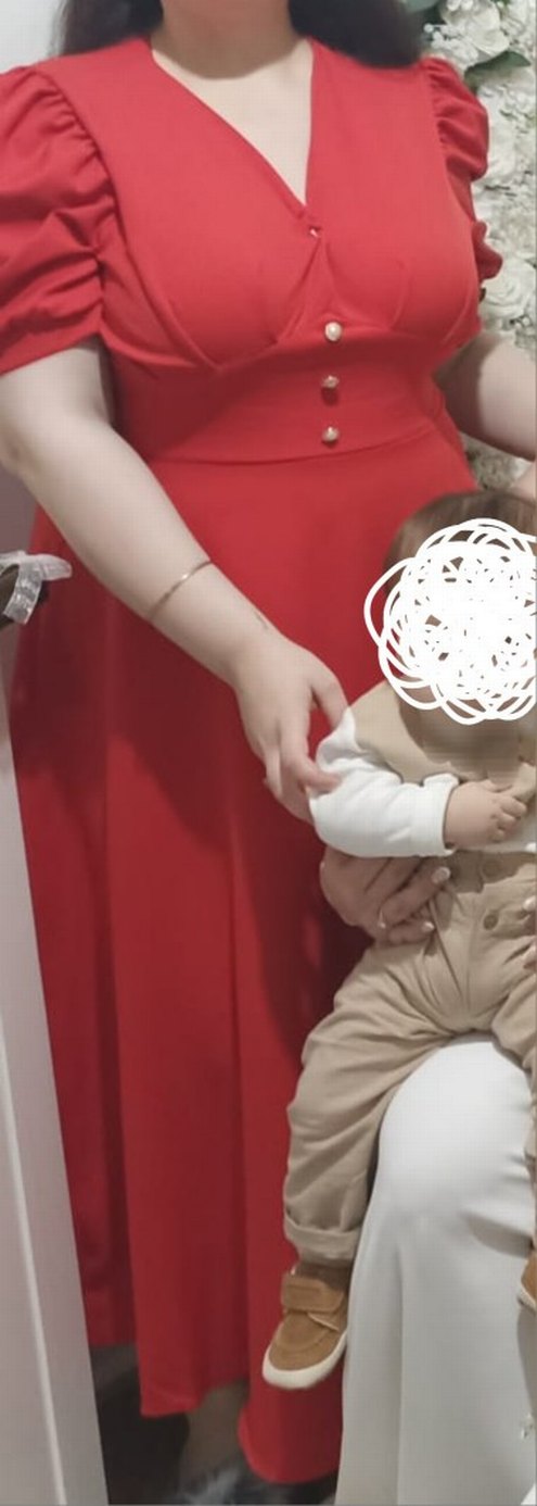 Kırmızı V Yaka Midi Ofis Elbisesi - Görsel 2