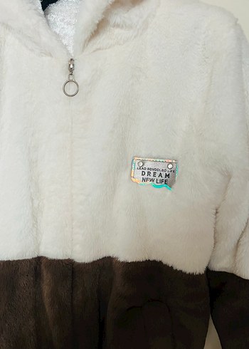 Kapüşonlu Kahverengi Beyaz Peluş Çocuk Mont - Görsel 2