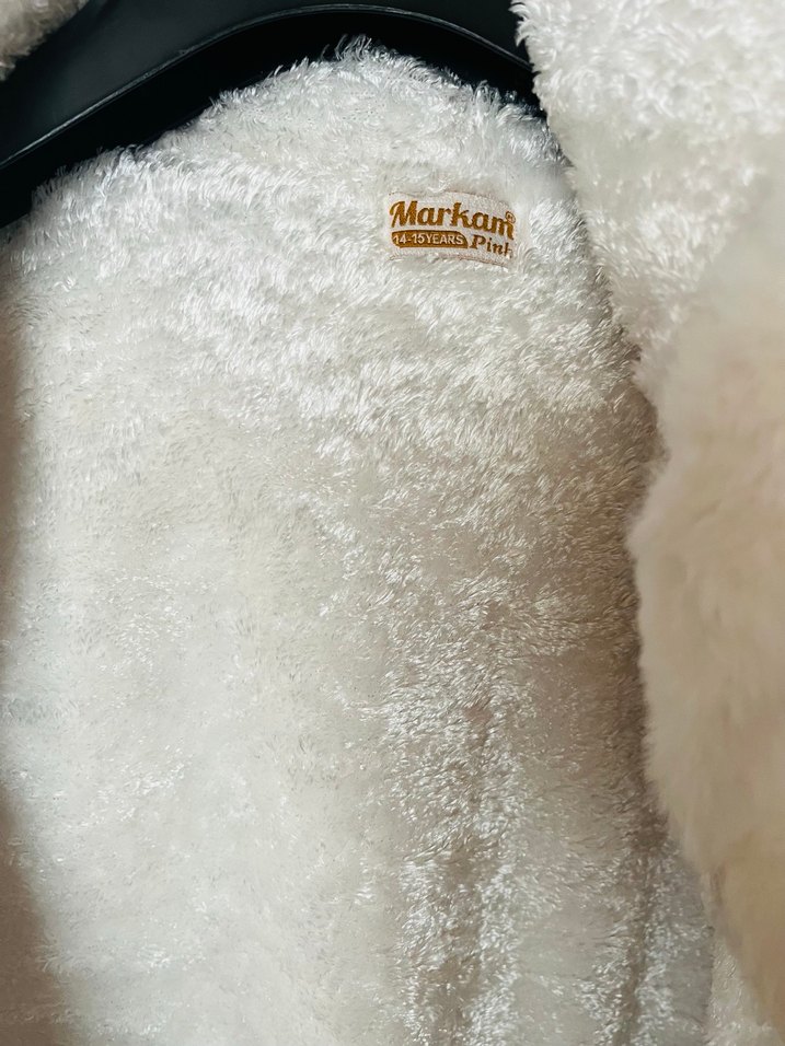 Kapüşonlu Kahverengi Beyaz Peluş Çocuk  Mont - Görsel 4