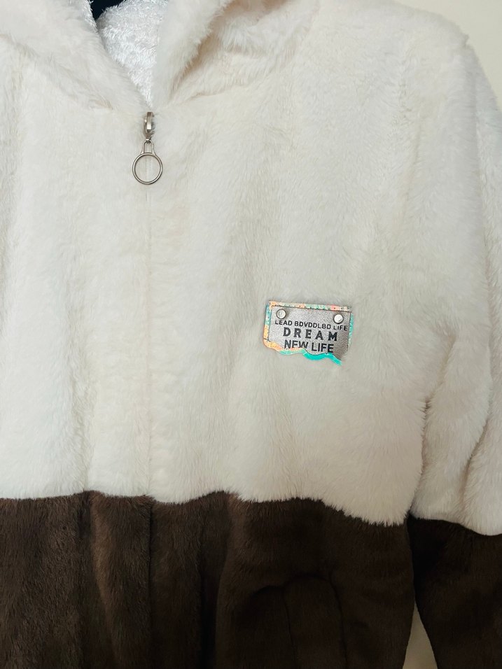 Kapüşonlu Kahverengi Beyaz Peluş Çocuk  Mont - Görsel 2