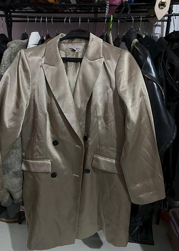 Bej saten  Uzun Kadın Blazer Ceket - Görsel 2