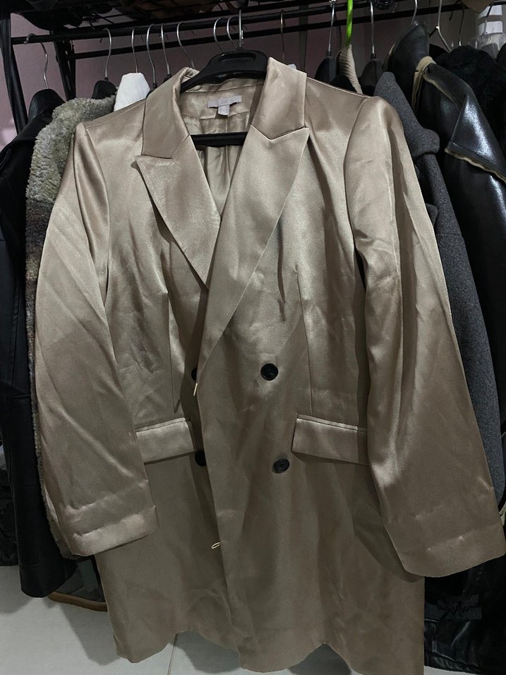 Bej saten  Uzun Kadın Blazer Ceket - Görsel 3