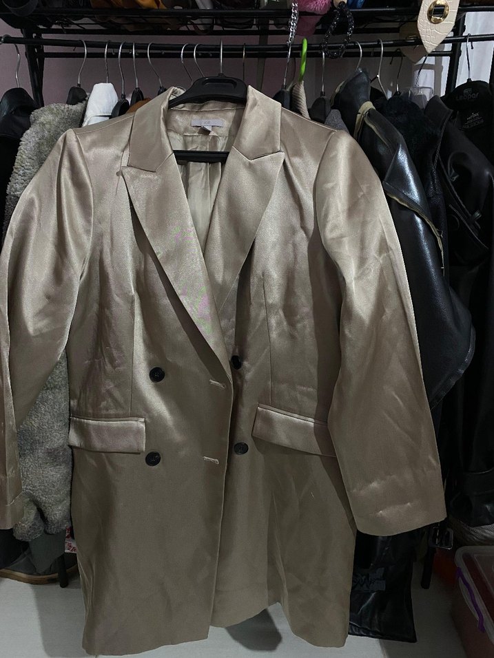 Bej saten  Uzun Kadın Blazer Ceket - Görsel 2