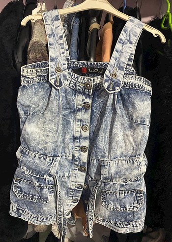 Düğmeli Bağcık Detaylı Batik Desenli Kot Şort Tulum - Görsel 4