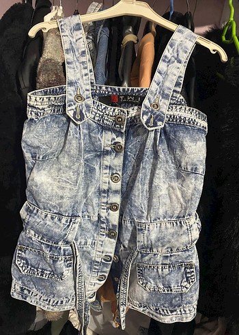 Düğmeli Bağcık Detaylı Batik Desenli Kot Şort Tulum - Görsel 3