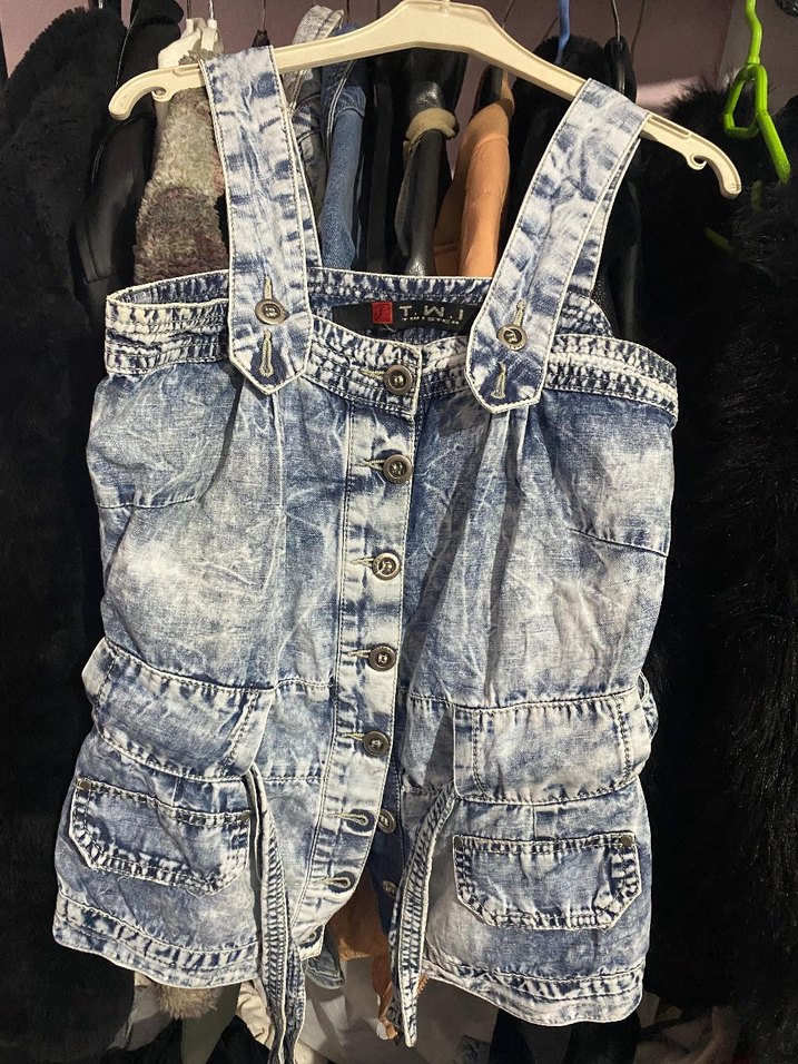 Düğmeli Bağcık Detaylı Batik Desenli Kot Şort Tulum - Görsel 3