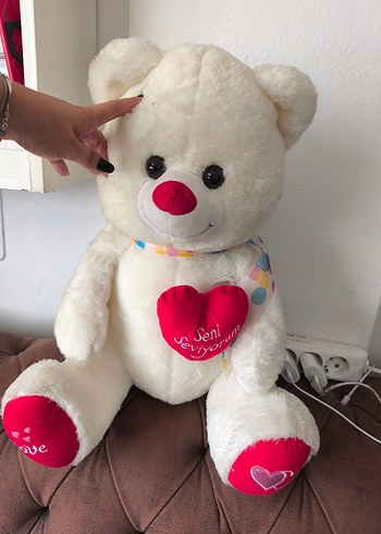 Beden Renkli Detaylı Beyaz Peluş Ayıcık