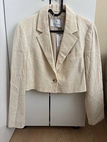 Stradivarius S Beden Ekru Crop Keten Blazer Ceket