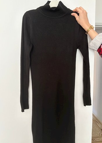 Siyah Triko Boğazlı Uzun Kadın Elbise - Görsel 3