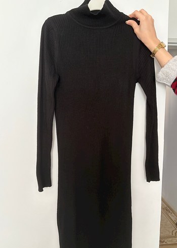 Siyah Triko Boğazlı Uzun Kadın Elbise - Görsel 4