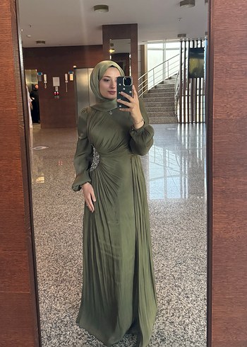 Haki Uzun Drapeli Bohem Kadın Abiye - Görsel 2