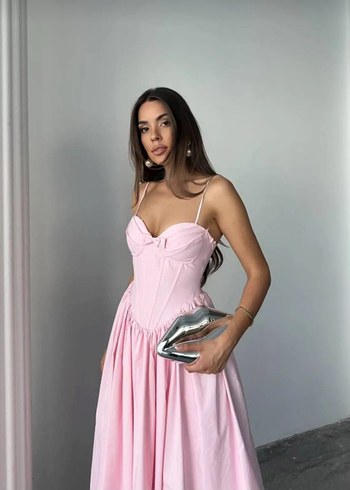 Pembe Drapeli Uzun Askılı Kadın Elbise