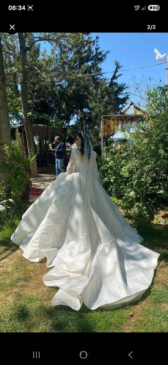 Parlak Beyaz Uzun Kollu Prenses Gelinlik - Görsel 2