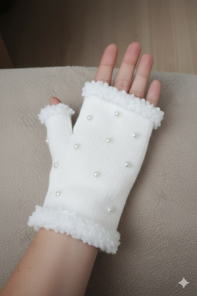 İnci Detaylı Beyaz Örgü Eldiven - Görsel 2