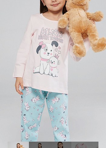 Kız Çocuk Pembe Baskılı Pamuklu Pijama Takımı - Görsel 2