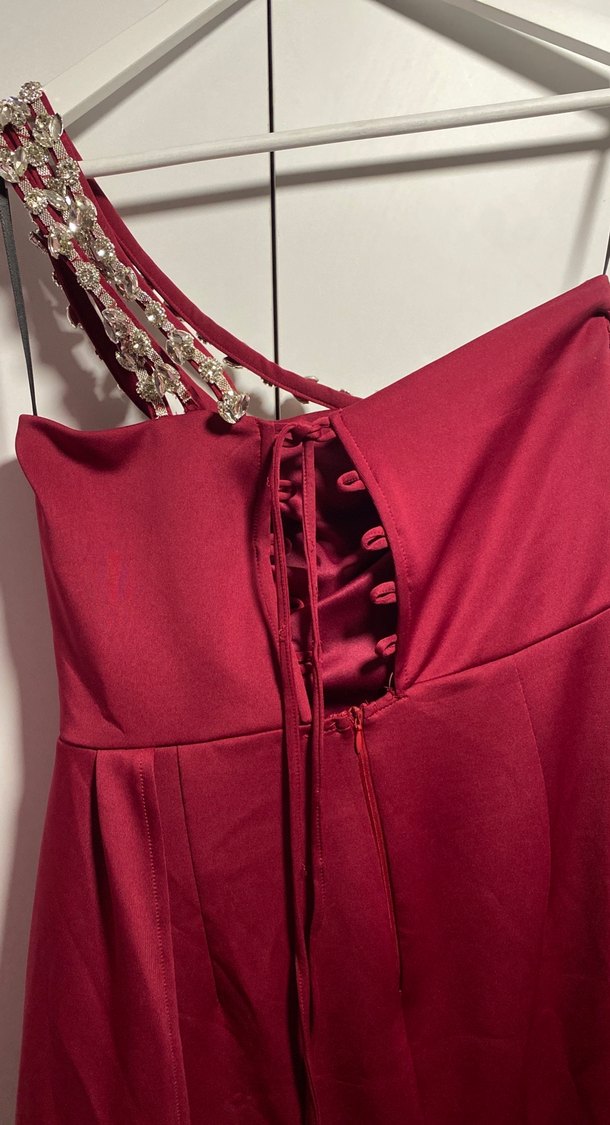 Bordo Drapeli İşlemeli Uzun Abiye Elbise - Görsel 4