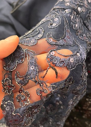 Lacivert Dantel İşlemeli Uzun Abiye Elbise - Görsel 6